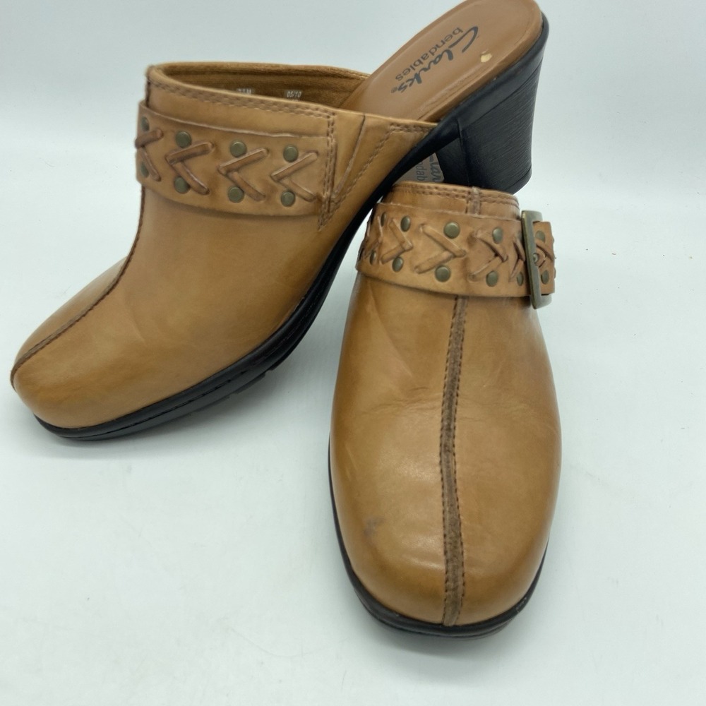 Clarks Bendables Clogs Shoes Women 7.5 Mule Brown Leather Slip On Casual Heels - Picture 6 of 16